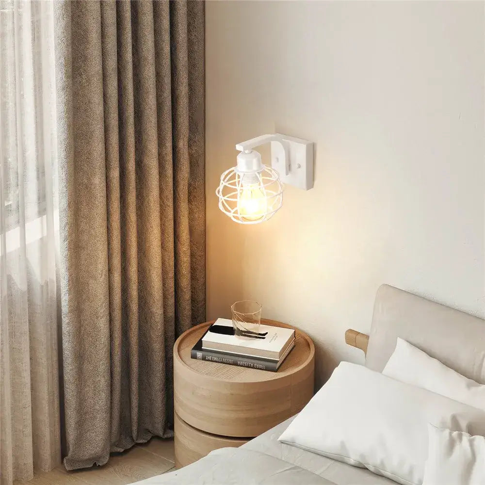 Modern iron white cage wall lamp bedroom wood sconce