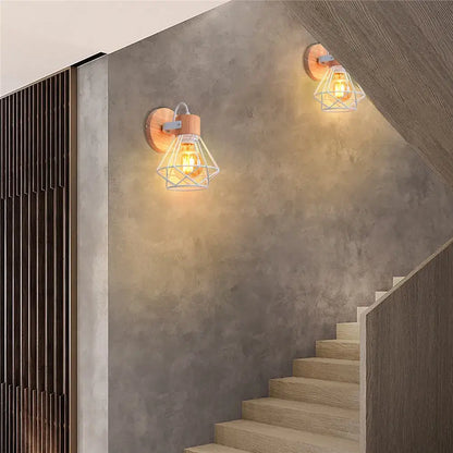 Modern iron white cage wall lamp bedroom wood sconce
