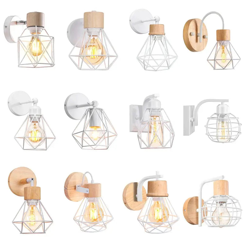 Modern decorbites iron white cage wall lamp bedroom wood sconce