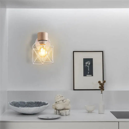 Modern iron white cage wall lamp bedroom wood sconce