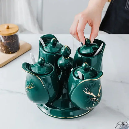 Modern deep green ceramic seasoning set with rotatable spice jar kitchen