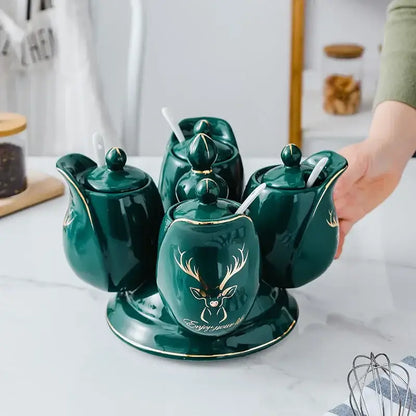 Modern deep green ceramic seasoning set with rotatable spice jar kitchen