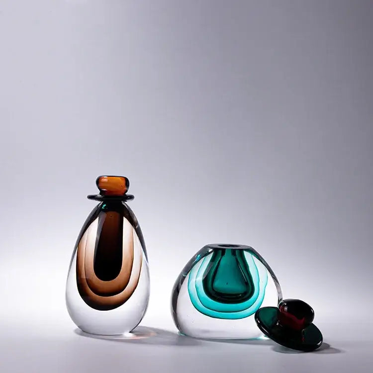 Modern double stained glass vase amber & clear living room terrarium