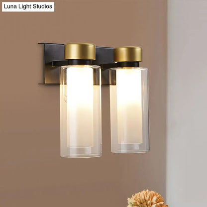 DecorBites™ Modern Dual Cylinder Brass Sconce Light Fixture with Clear Glass - 2 Bulbs, LED Wall Mount Lamp