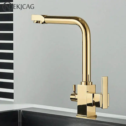 Modern dual outlet gold kitchen faucet with purified water outlet