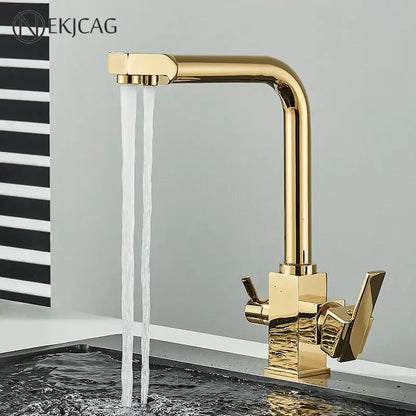 Modern dual outlet gold kitchen faucet with purified water outlet