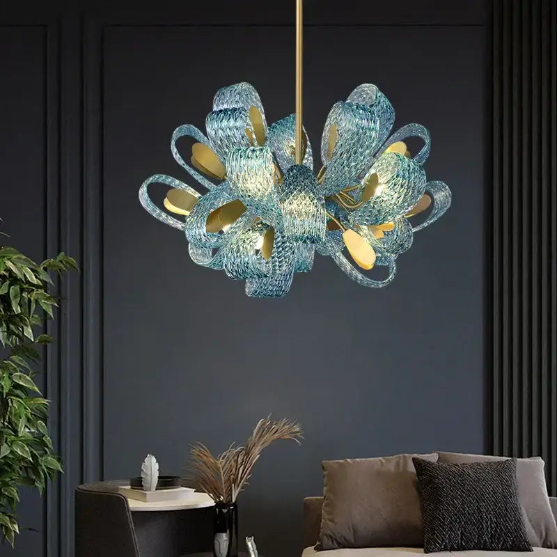 Modern elegant blue copper led flower chandelier living room light