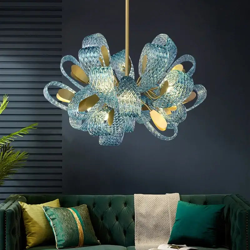 Modern elegant blue copper led flower chandelier living room light
