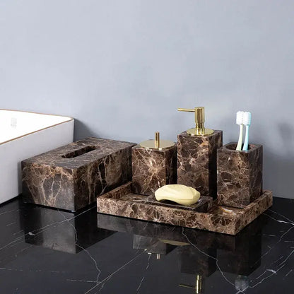 Modern emperador dark marble bathroom set with chrome accents