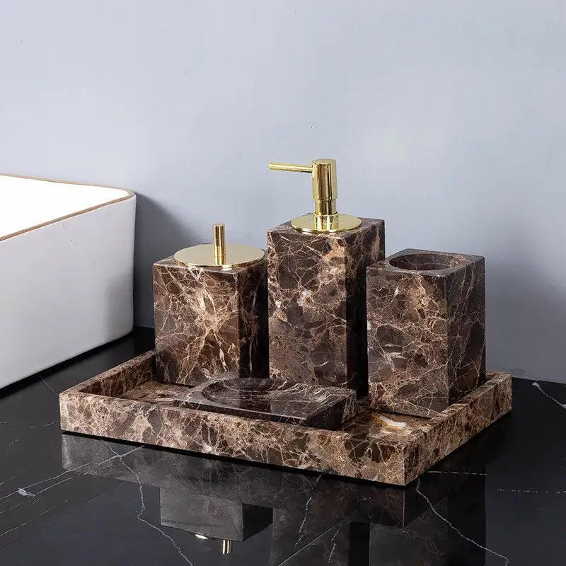 Modern emperador dark marble bathroom set with chrome accents