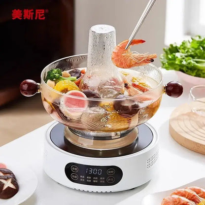 Modern etched glass hotpot with red wood handles kitchen cookware