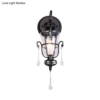 Modern flared black metal wall lamp with crystals bedroom sconce