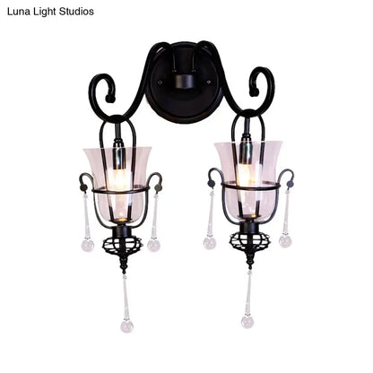 Modern flared black metal wall lamp with crystals bedroom sconce