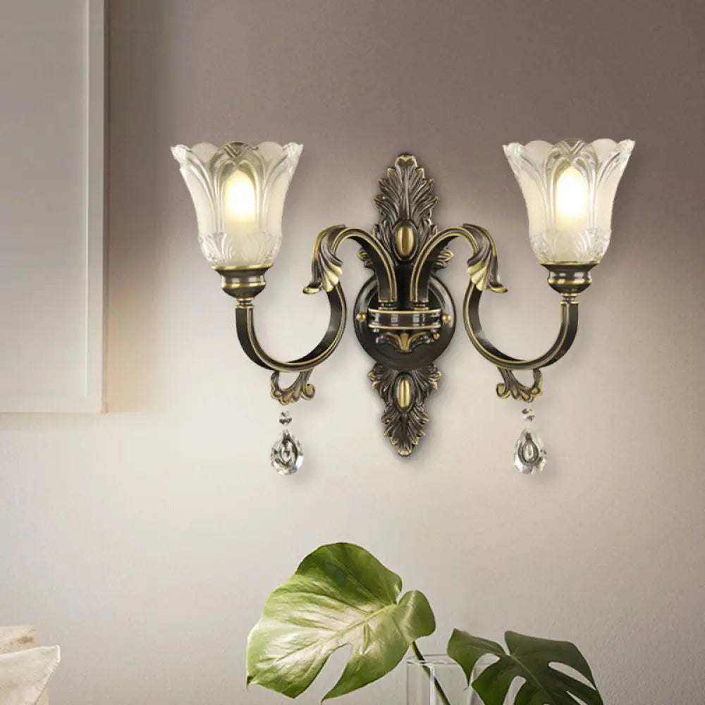 DecorBites™ Modern Floral Shade Wall Sconce with Crystal Drip - 2 Lights, Black & Gold