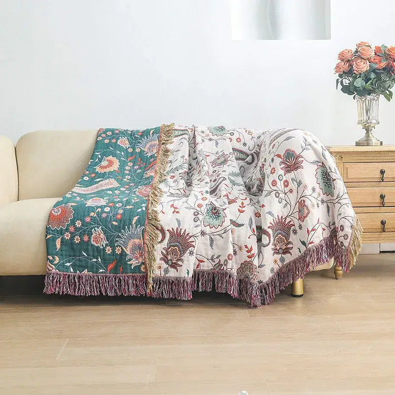 Modern floral teal & cream cooling cotton blanket bedroom throw
