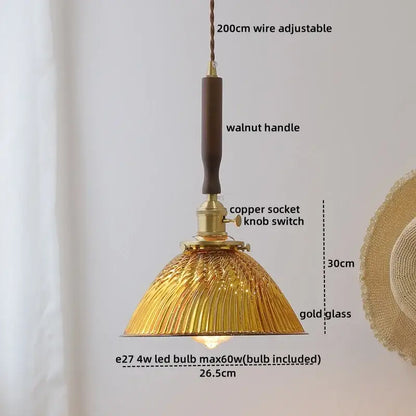 Modern fluted yellow glass pendant light dining room led walnut copper