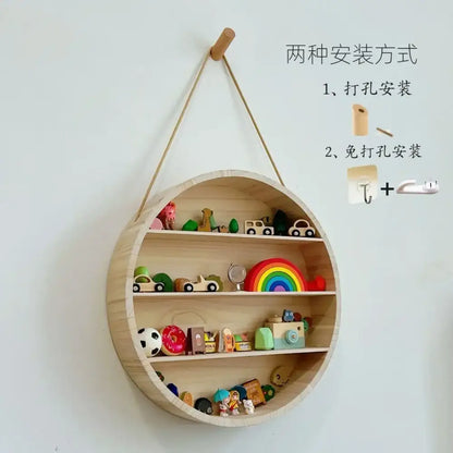 Modern four tier circular wooden frame living room wall shelf