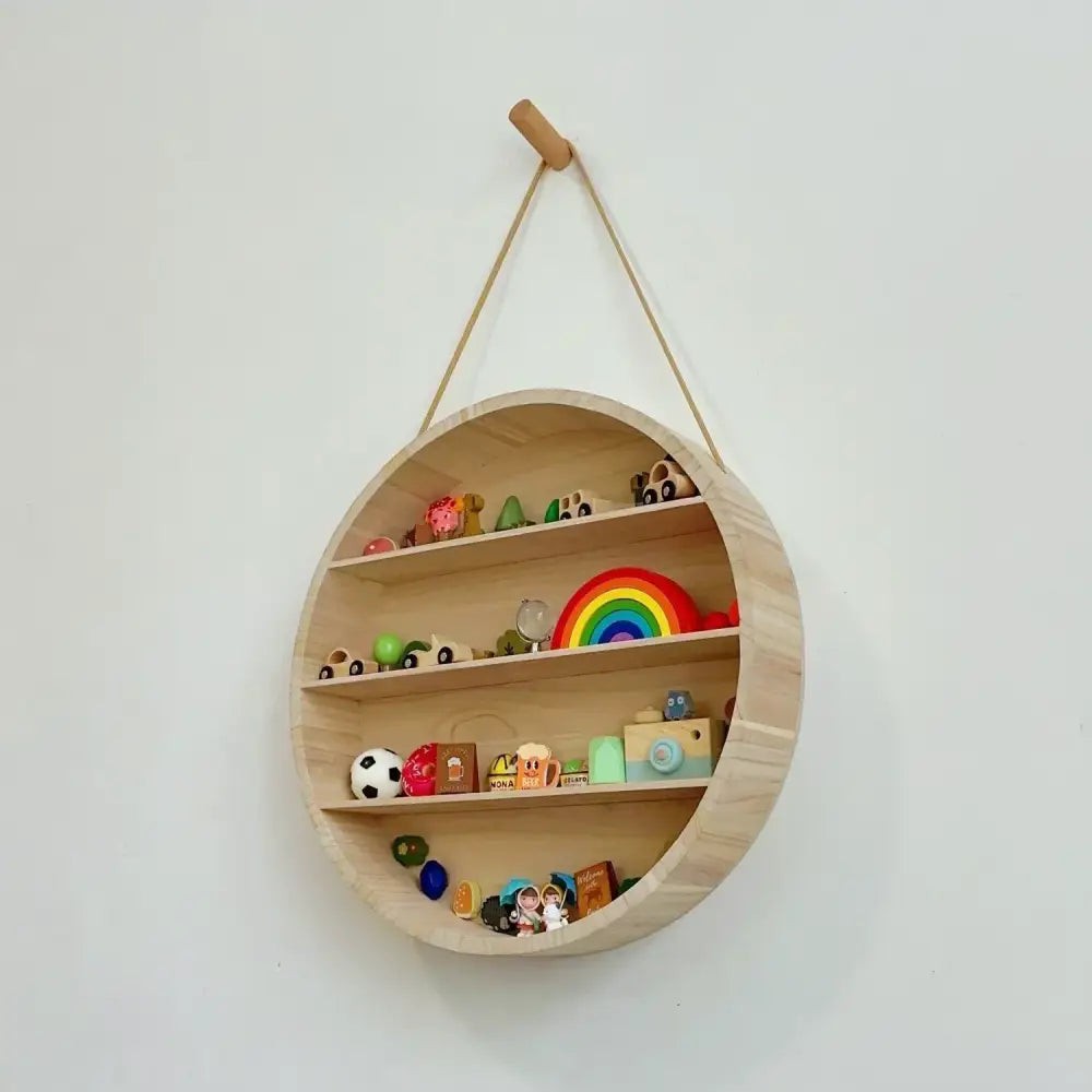 Modern four tier circular wooden frame living room wall shelf