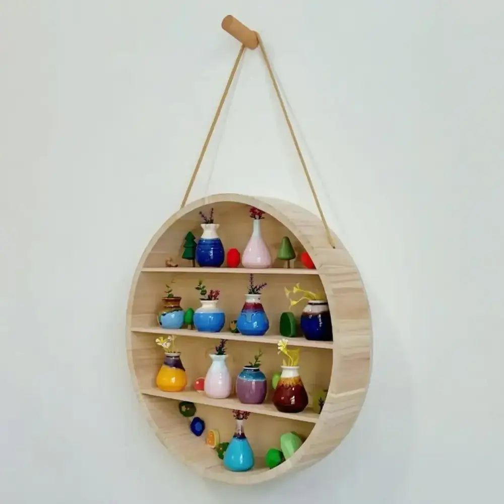 Modern four tier circular wooden frame living room wall shelf