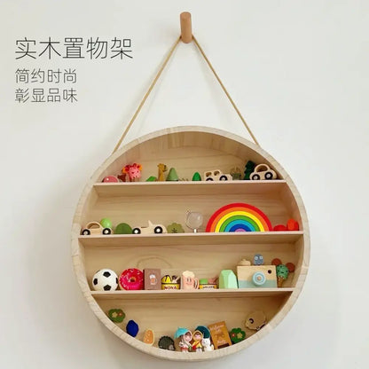 Modern four tier circular wooden frame living room wall shelf