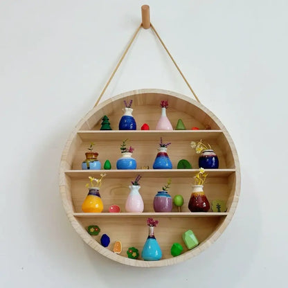 Modern four tier circular wooden frame living room wall shelf