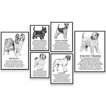 Modern framed black & white dog breed poster set bedroom wall decor