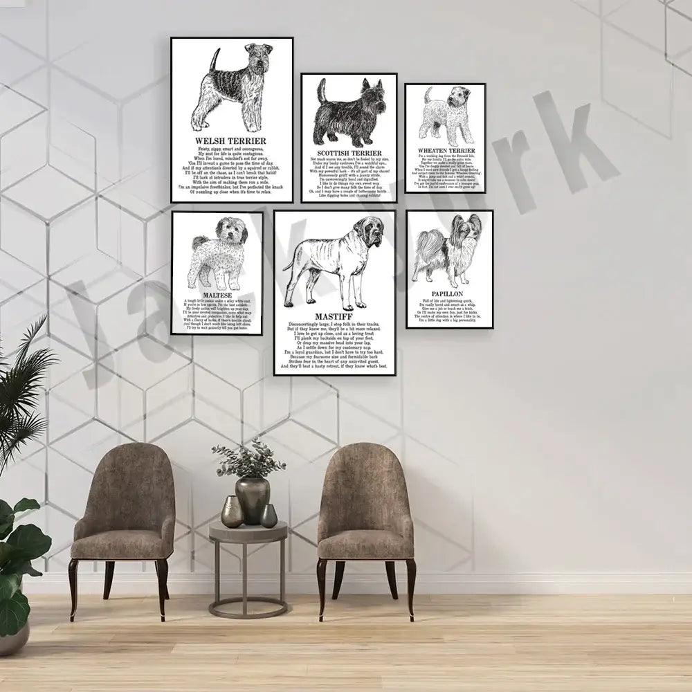 Modern framed black & white dog breed poster set bedroom wall decor