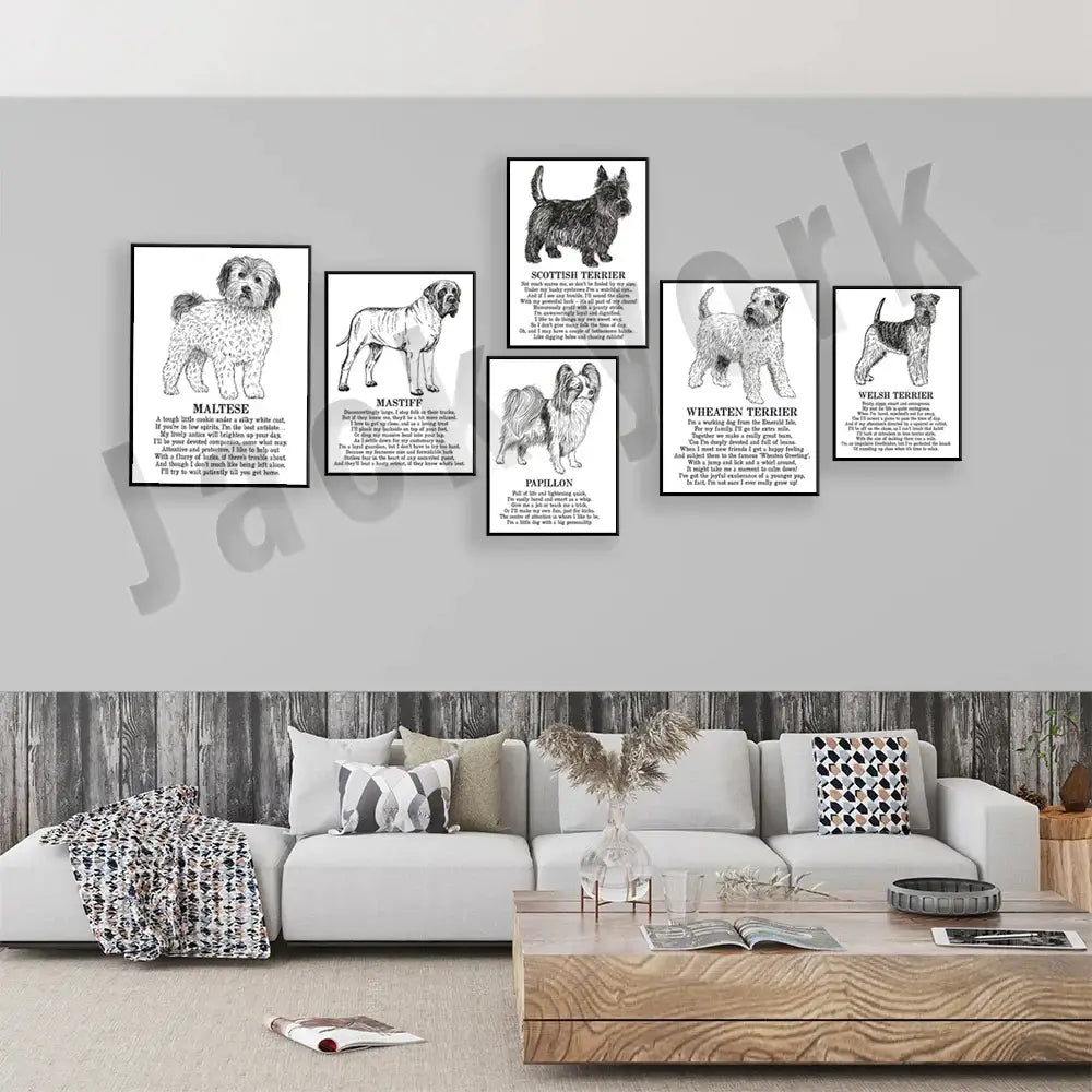 Modern framed black & white dog breed poster set bedroom wall decor