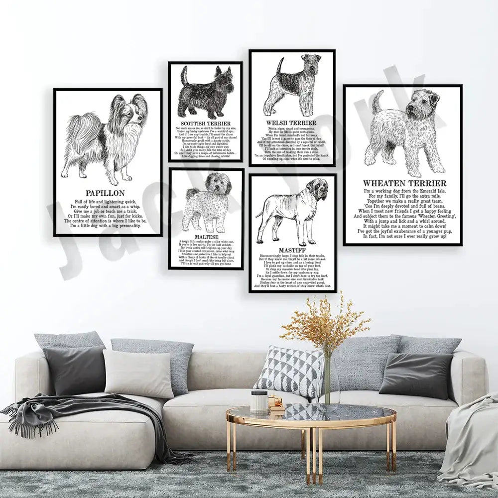Modern framed black & white dog breed poster set bedroom wall decor