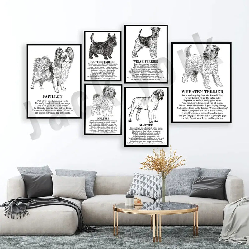 Modern framed black & white dog breed poster set bedroom wall decor