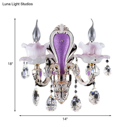 Modern frosted glass purple wall sconce with teardrop crystal bedroom