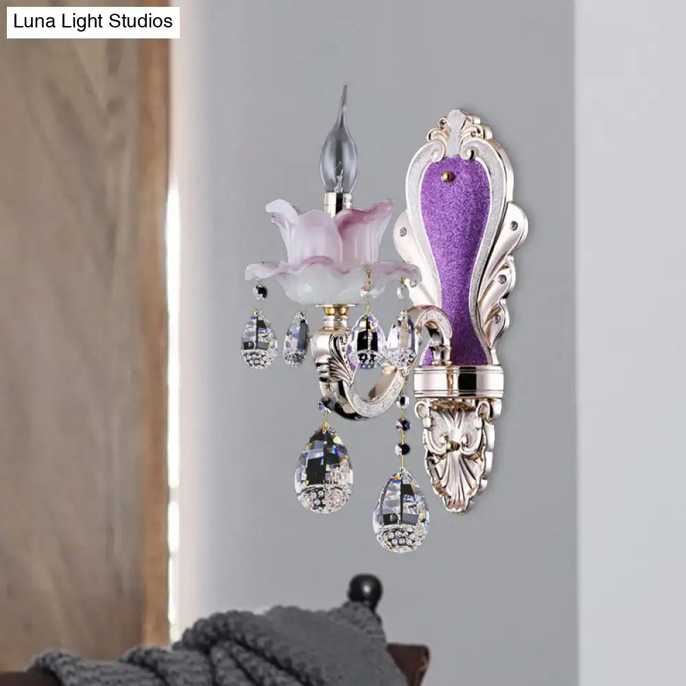 Modern frosted glass purple wall sconce with teardrop crystal bedroom