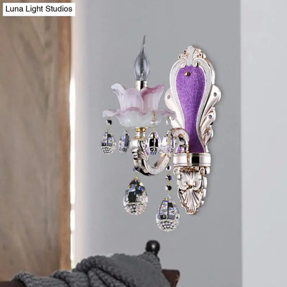 Modern frosted glass purple wall sconce with teardrop crystal bedroom