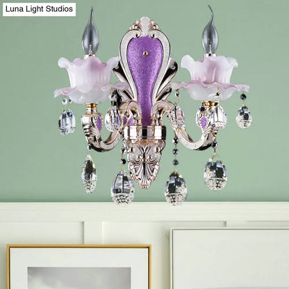 Modern frosted glass purple wall sconce with teardrop crystal bedroom