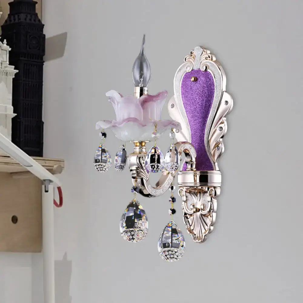Modern frosted glass purple wall sconce with teardrop crystal bedroom