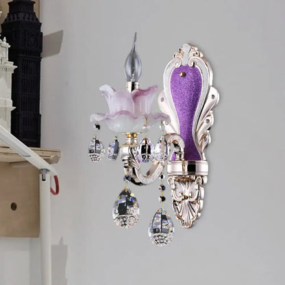 Modern frosted glass purple wall sconce with teardrop crystal bedroom