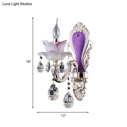 Modern frosted glass purple wall sconce with teardrop crystal bedroom