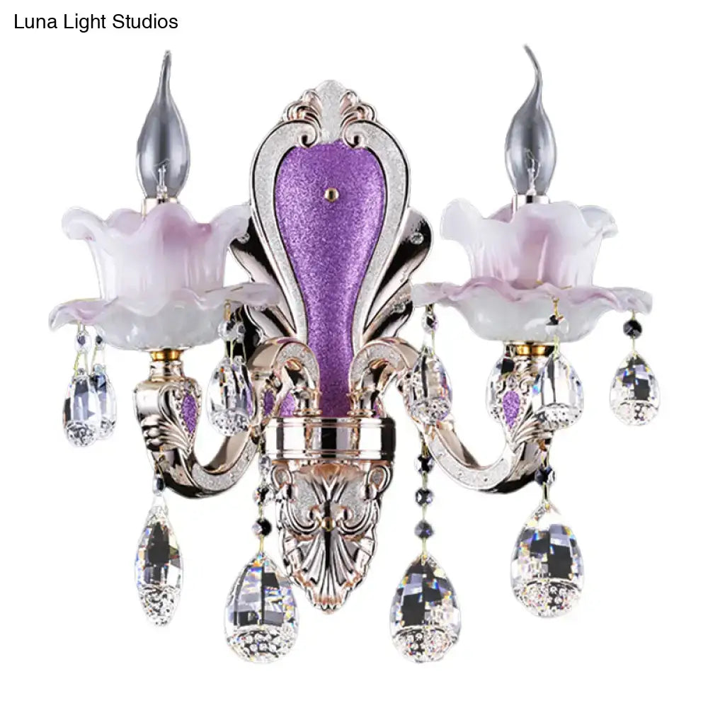 Modern frosted glass purple wall sconce with teardrop crystal bedroom