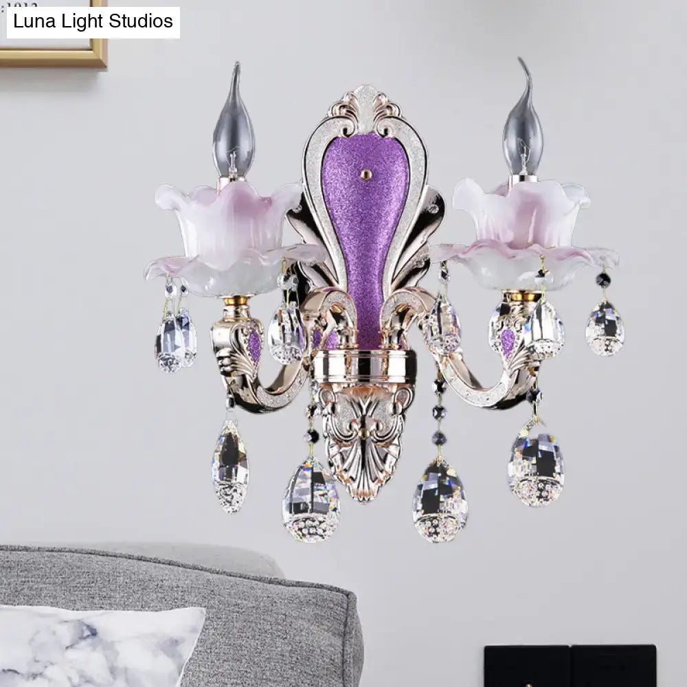 Modern frosted glass purple wall sconce with teardrop crystal bedroom