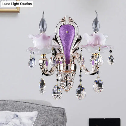 Modern frosted glass purple wall sconce with teardrop crystal bedroom