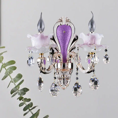 Modern frosted glass purple wall sconce with teardrop crystal bedroom
