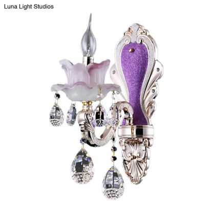 Modern frosted glass purple wall sconce with teardrop crystal bedroom