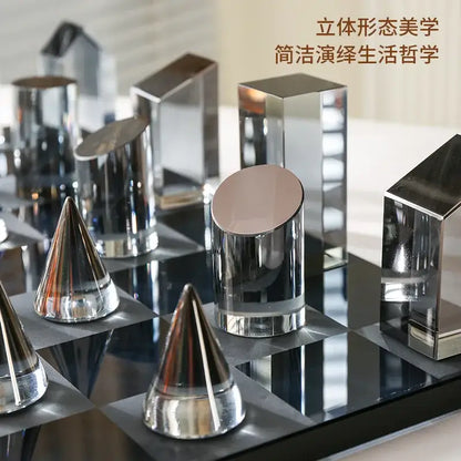 Modern geometric amber & silver chess set living room home decor