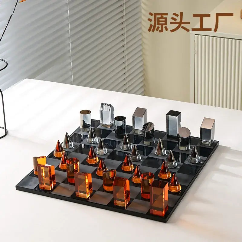 Modern geometric amber & silver chess set living room home decor