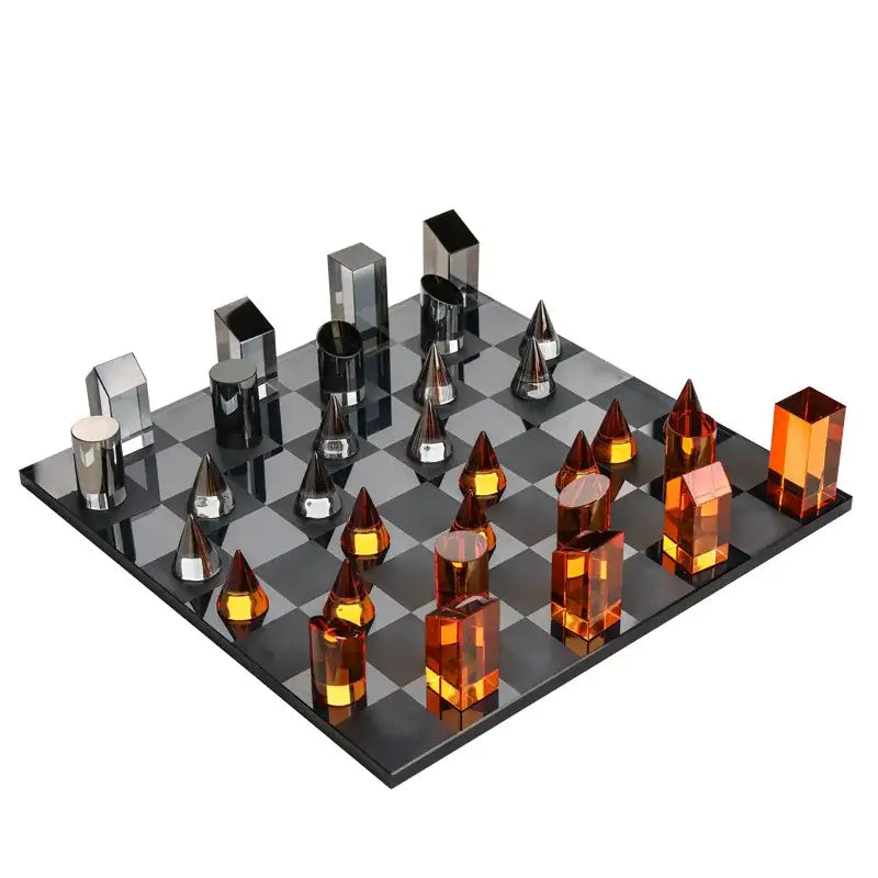 Modern geometric amber & silver chess set living room home decor