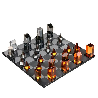 Modern geometric amber & silver chess set living room home decor