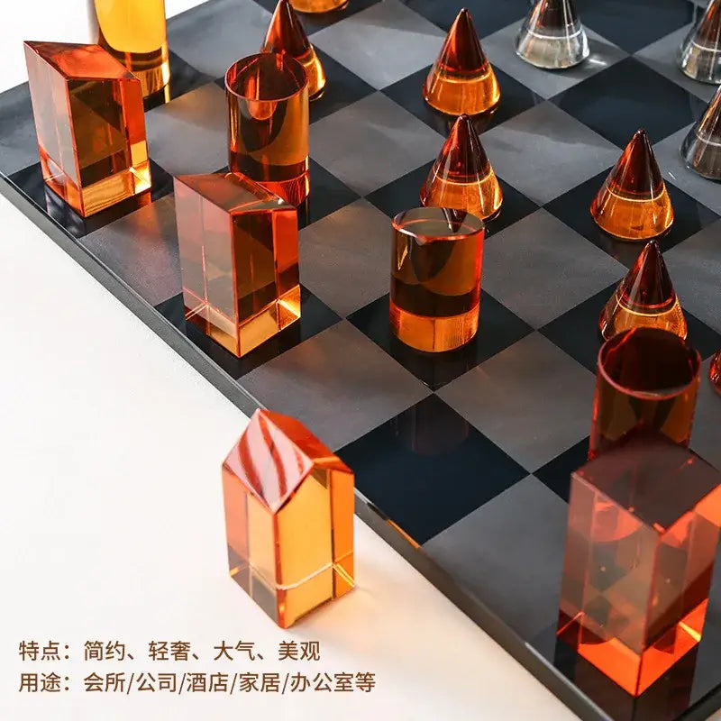 Modern geometric amber & silver chess set living room home decor