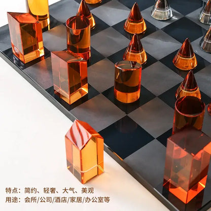 Modern geometric amber & silver chess set living room home decor