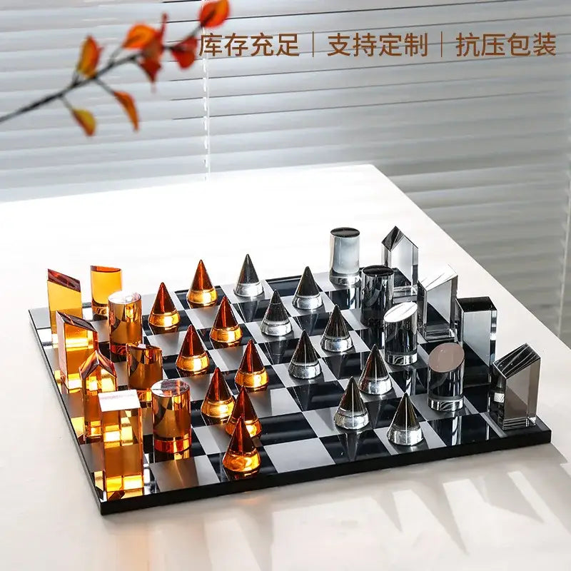 Modern geometric amber & silver chess set living room home decor
