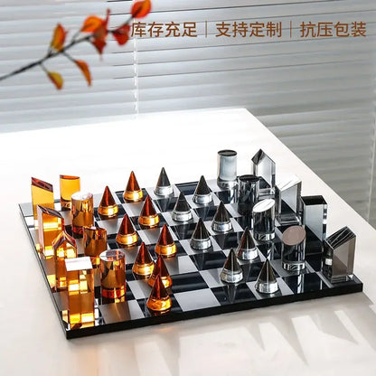 Modern geometric amber & silver chess set living room home decor